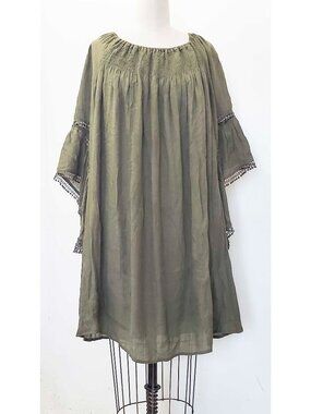 Just Found Women's Boho Peasant Gauze Tunic Top Flounced Sleeve Olive Green 3X
